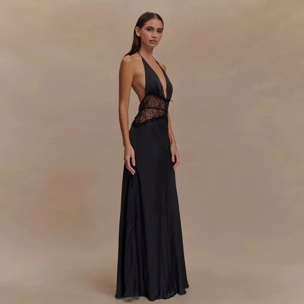 Sexy Deep V-neck Backless Lace Patchwork Satin Dresses for Women 2026 Summer Halter Sleeveless Long Maxi Party Evening Dress