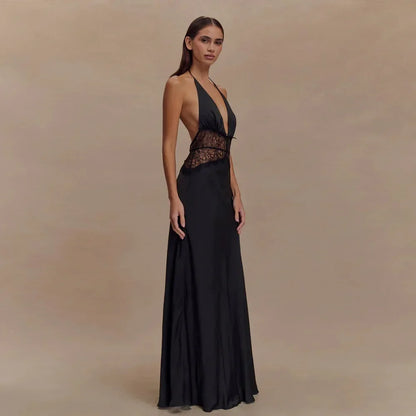 Sexy Deep V-neck Backless Lace Patchwork Satin Dresses for Women 2026 Summer Halter Sleeveless Long Maxi Party Evening Dress