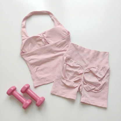 Sexy Halter Neck Beautiful Back High Waist Peach Sports Bras Shorts Suit Pilates Gathering Yoga Vest Training Fitness Bra Sets