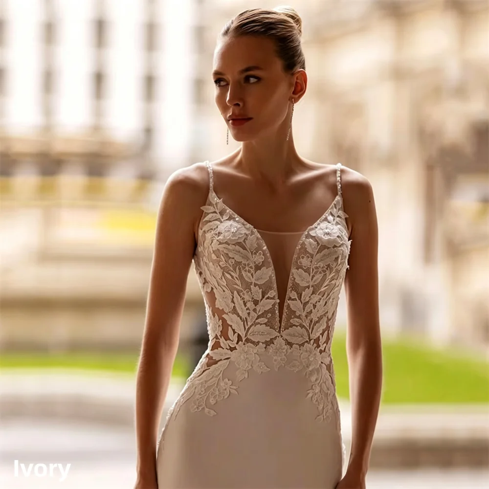 Modern Lace Mermaid Wedding Dress V-Neck Spaghetti Straps Open Back Applique Sleeveless Bridal Gown Vestidos De Novia Customized