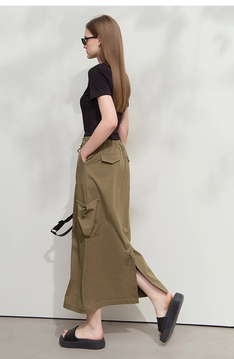 Minimalist Women Clothing Skirt 2025 Autumn New Casual Loose Multi-pocket Drawstring Elastic Waist Long Skirt 12522020