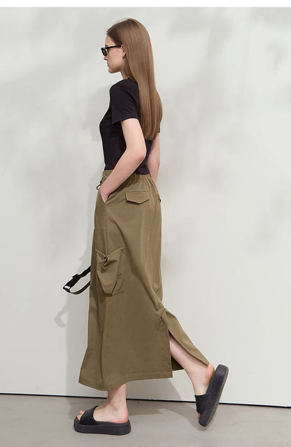 Minimalist Women Clothing Skirt 2025 Autumn New Casual Loose Multi-pocket Drawstring Elastic Waist Long Skirt 12522020