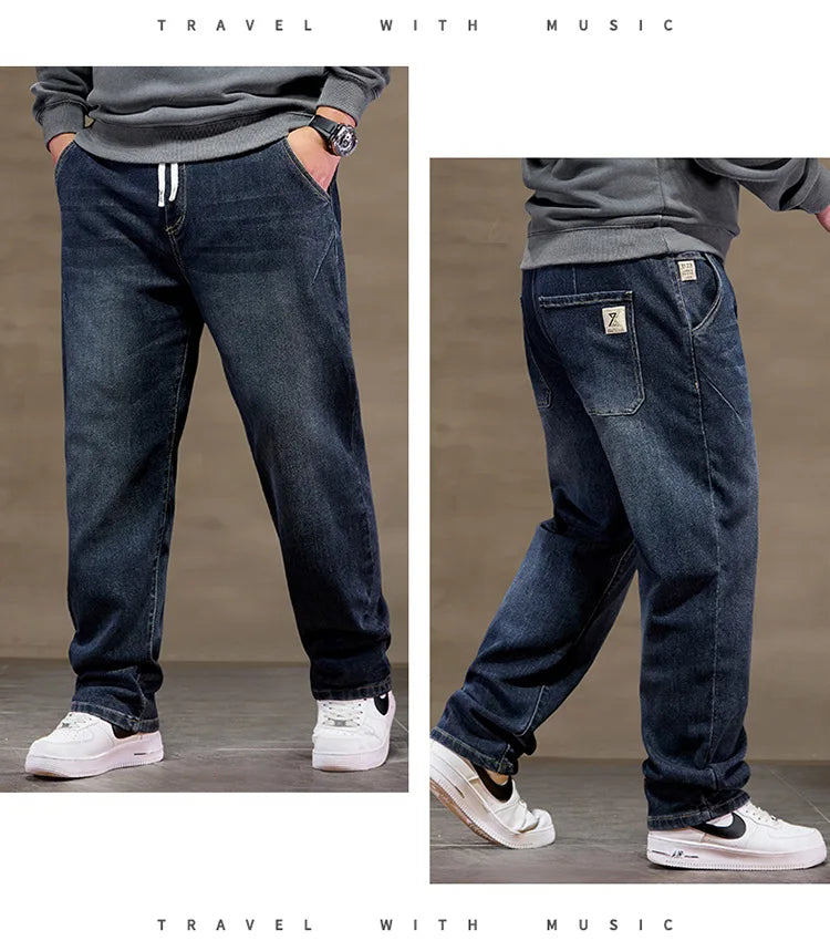 Extra Big Size Jeans Men High Elastic Waist Baggy Denim Pant Male Plus Large Loose Slim Fit Cowboy Trouser 8XL 6XL Classic Black