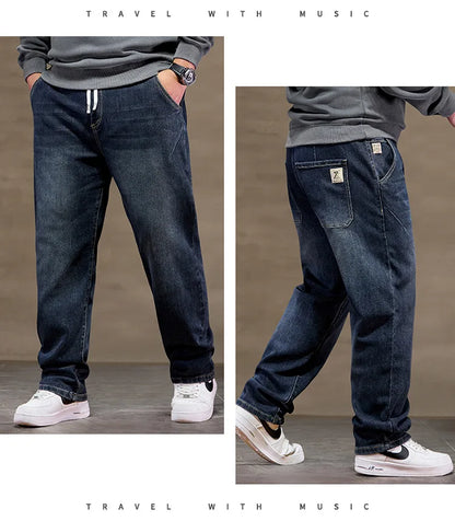 Extra Big Size Jeans Men High Elastic Waist Baggy Denim Pant Male Plus Large Loose Slim Fit Cowboy Trouser 8XL 6XL Classic Black