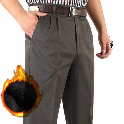 High Waist Double Pleated Warm Thick Fleece Winter Casual Pants Men Loose Straight  Cotton Office Trousers Plus Size 42 44 46