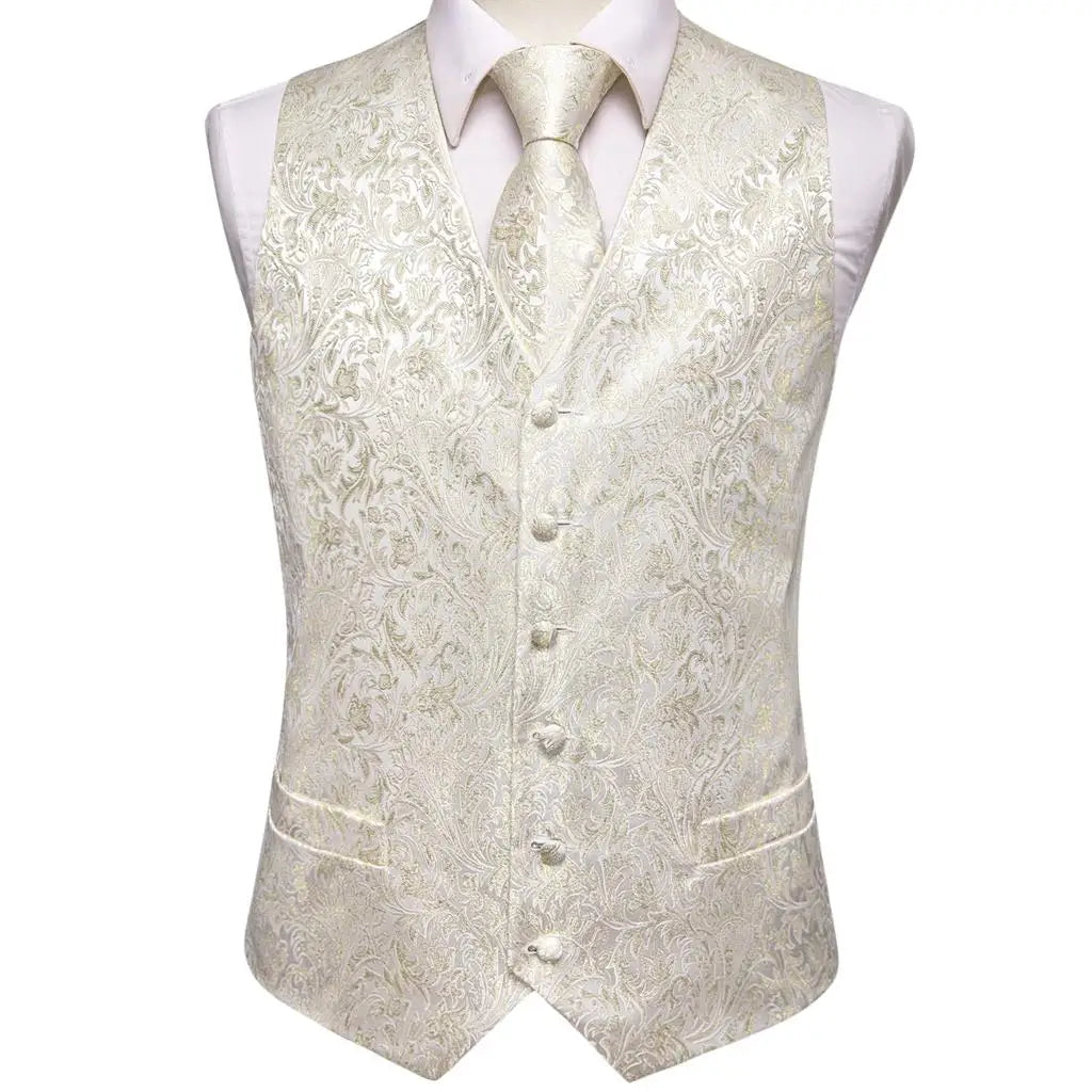 Beige Yellow Silk Mens Vest Hanky Cufflinks Set Jacquard Floral Social Waistcoat Sleeveless Jacket for Wedding Business