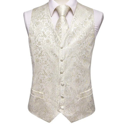 Beige Yellow Silk Mens Vest Hanky Cufflinks Set Jacquard Floral Social Waistcoat Sleeveless Jacket for Wedding Business