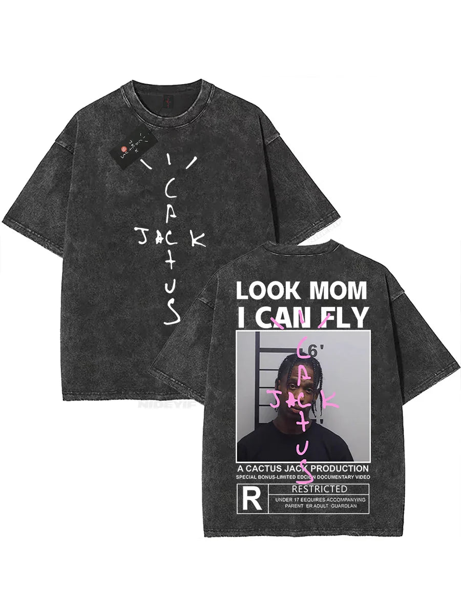 100% Cotton Oversized T Shirt For Men Women HipHop Washed T Shirts cactus jack Short Sleeve Gift Tops look mom i can fly K39