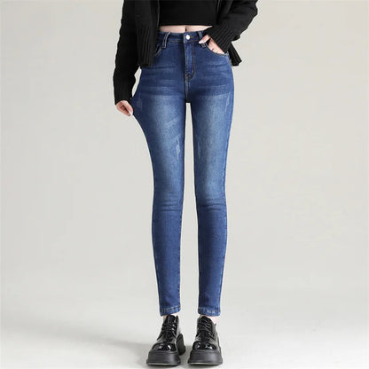 2023 Fashion Women Stretch High Waist Pencil Pants Casual Female Velvet Jeans High Quality Fleece Mom Jeans Thick Plush Pants