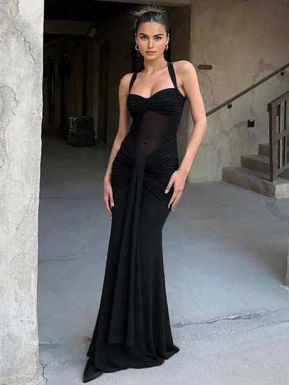 Halter Mesh Patchwork Dress Women Summer Trend Off Shoulder Backless Ruched Ribbon Midnight Prom Party Hipster Vestidos
