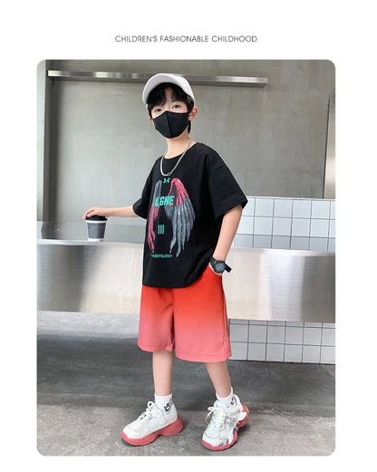 New Kids Boy Summer Clothing Set Cotton T-shirt With Wings Print + Shorts 2 Pieces Tracksuit Outfit for Child Suit Wear 5-14 T