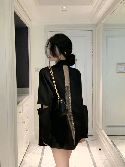 Premium Black Blazer for Women Spring Autumn New Arrival Sexy Backless Chain Accent Oversized Single Button Chic Feminine Design