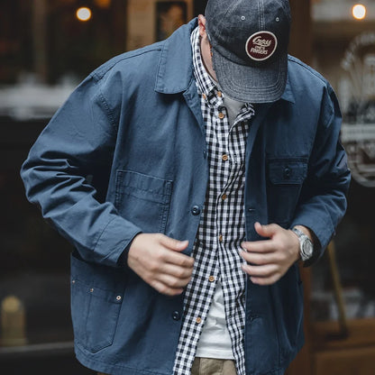 Navy  Drop Shoulder Jacket Men Turn-down Collar Hunting Tops Multi-Pocket Coat Men's Spring and Autumn Workwear Jacket