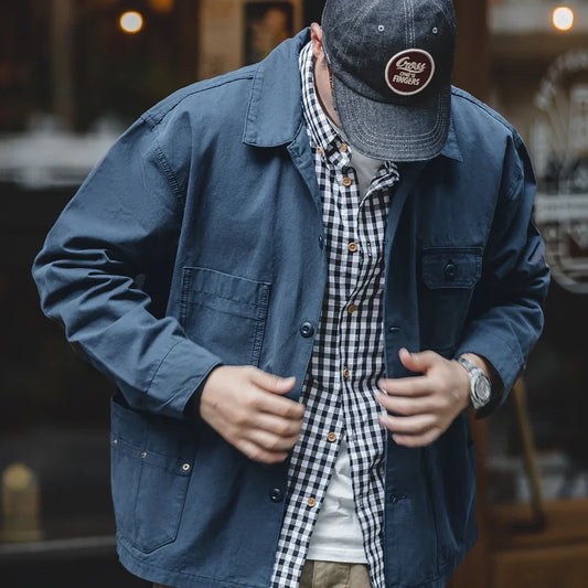 Navy  Drop Shoulder Jacket Men Turn-down Collar Hunting Tops Multi-Pocket Coat Men's Spring and Autumn Workwear Jacket