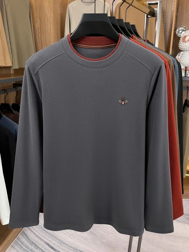 High end brand velvet long sleeve T-shirt men's autumn new fashion Korean bee embroidery comfortable warm round neck pullover