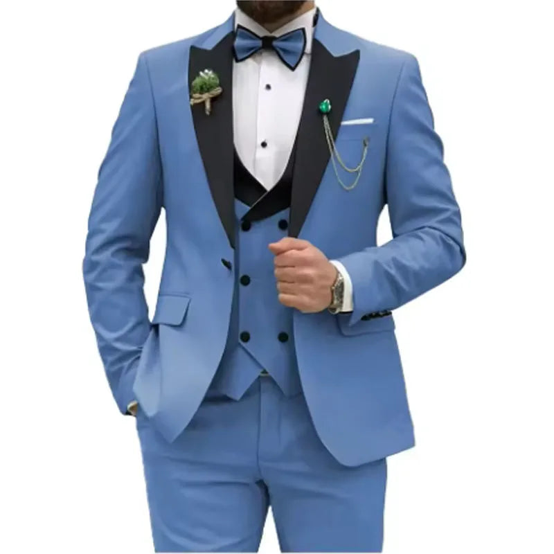 Slim Fit Men Suits Double Breasted Groom Formal Business Male Blazer Set Peak Lapel Party Wedding Tuxedo (Jacket+Vest+Pants)