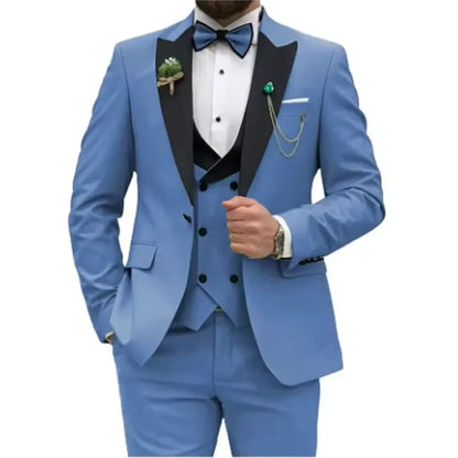 Slim Fit Men Suits Double Breasted Groom Formal Business Male Blazer Set Peak Lapel Party Wedding Tuxedo (Jacket+Vest+Pants)