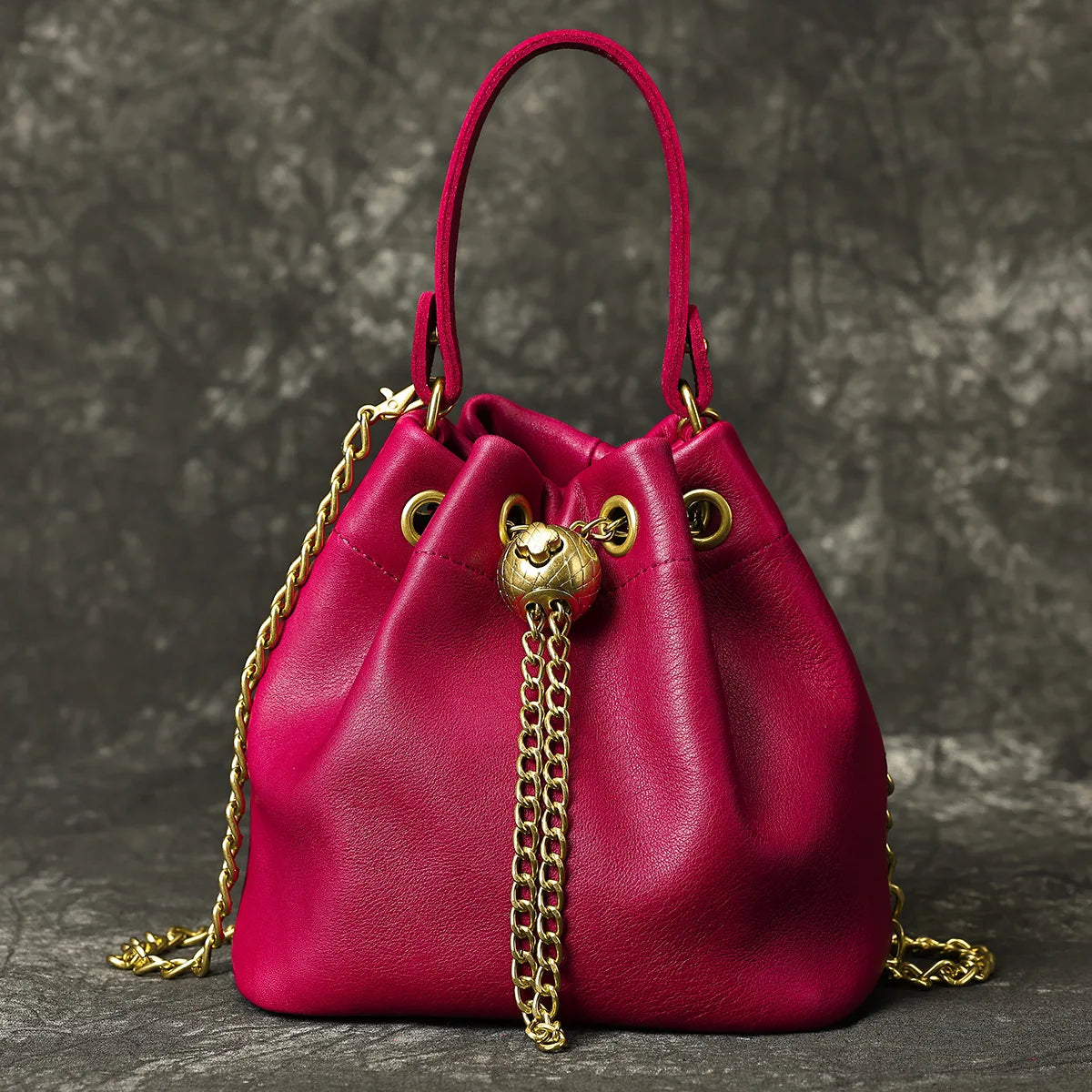 New Vintage Fashion Chain Bag Genuine Leather Multi-Way Bucket Bag for Women Compact Stylish Crossbody Purse