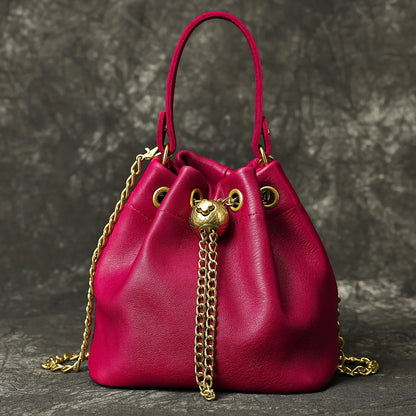 New Vintage Fashion Chain Bag Genuine Leather Multi-Way Bucket Bag for Women Compact Stylish Crossbody Purse