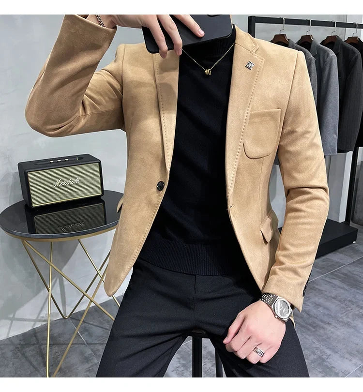 Deerskin Leather Jacket Blazer Men Casual Slim Fit Blazer Hombre Suit Leather Jacket Men Terno Masculino Men Clothing 6 Color