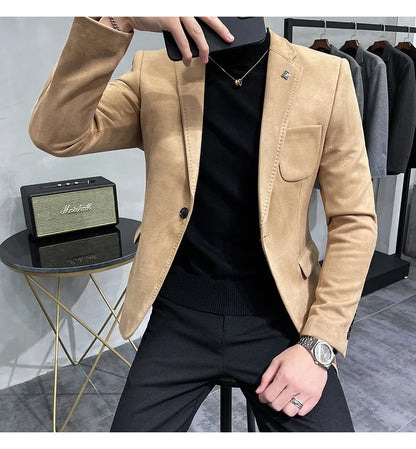 Deerskin Leather Jacket Blazer Men Casual Slim Fit Blazer Hombre Suit Leather Jacket Men Terno Masculino Men Clothing 6 Color
