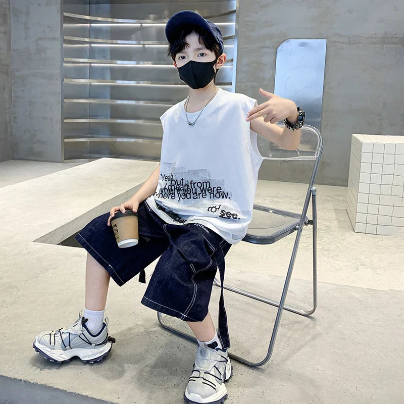 New Summer Children High Quality Cotton Clothing Set for Kids Boy Sleeveless Tshirt And Denim Shorts 2 Pieces Top Bottom Suit