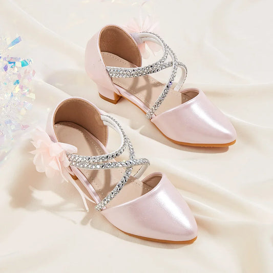 2025 Summer New Fashion Flower Girls' Princess Shoes Crystal Performance Children's Sandals Pointed Toe Children's High Heels