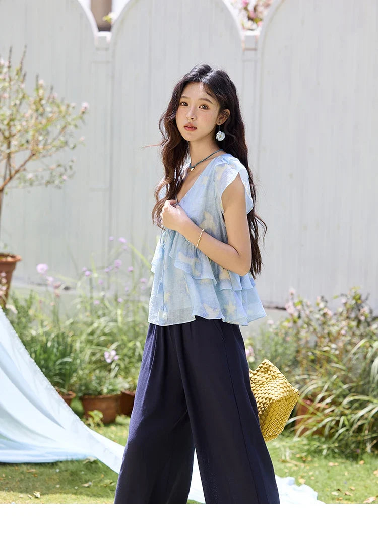 Blue Double-layer Ruffled Linen V-neck Blouse for Women Summer 2025 Slim Flying Sleeve Breathable Lace-up Tops MXE33X1819