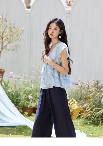 Blue Double-layer Ruffled Linen V-neck Blouse for Women Summer 2025 Slim Flying Sleeve Breathable Lace-up Tops MXE33X1819