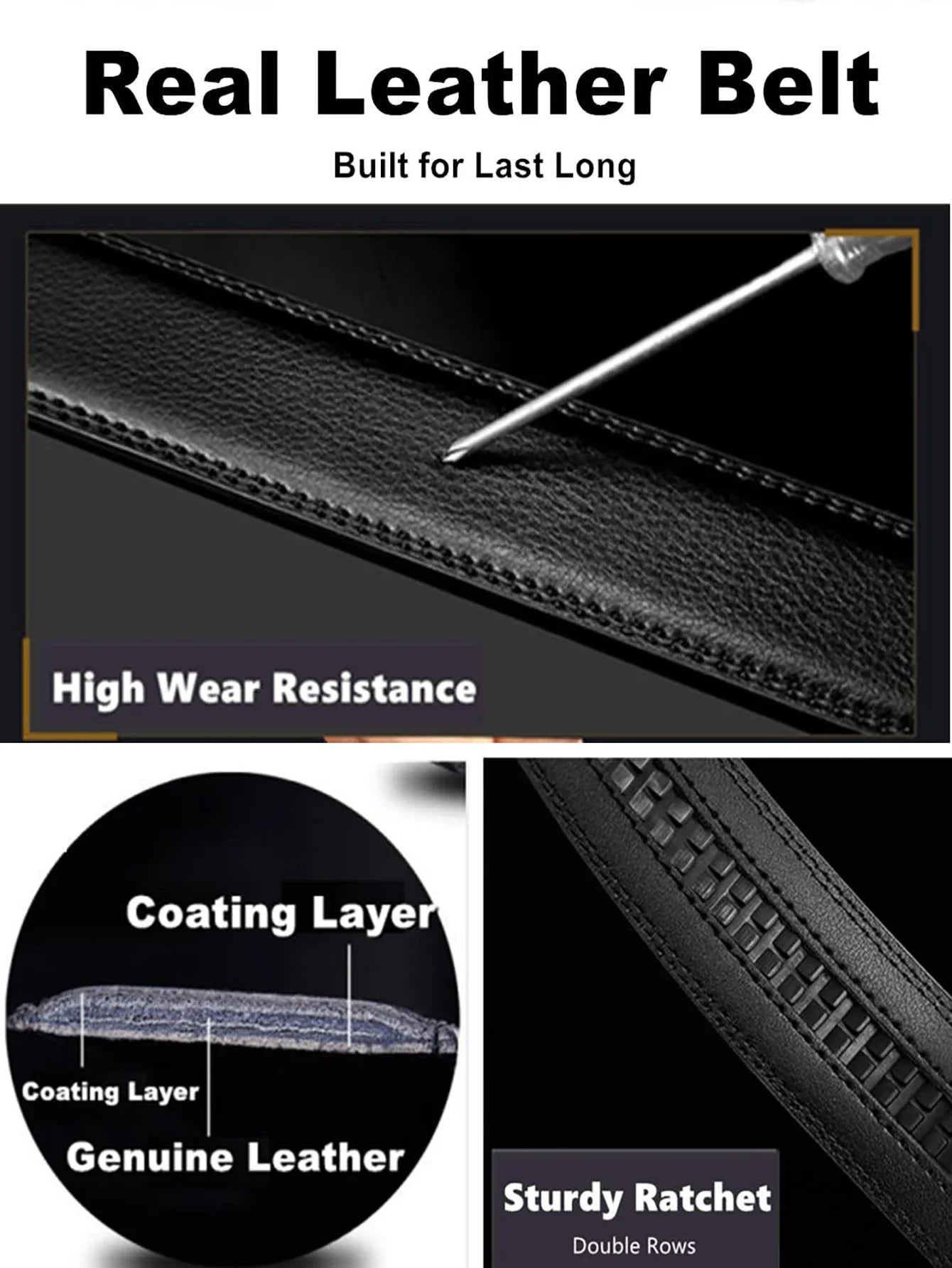 High Quality Genuine Leather Men’s Belt, Adjustable Ratchet Automatic Buckle, Black/Brown Cuttable Business Casual Belt
