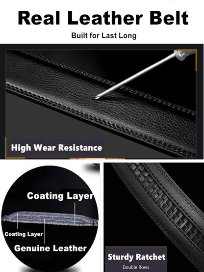 High Quality Genuine Leather Men’s Belt, Adjustable Ratchet Automatic Buckle, Black/Brown Cuttable Business Casual Belt