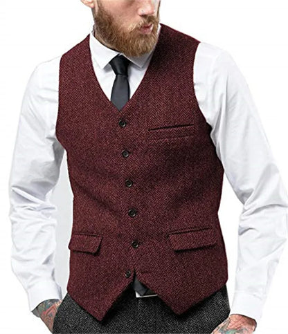 Herringbone Vest for Men Wool Tweed Waistcoat for Groom Groomsman Formal Single Breasted Males Plus Size Dress Suit Vest