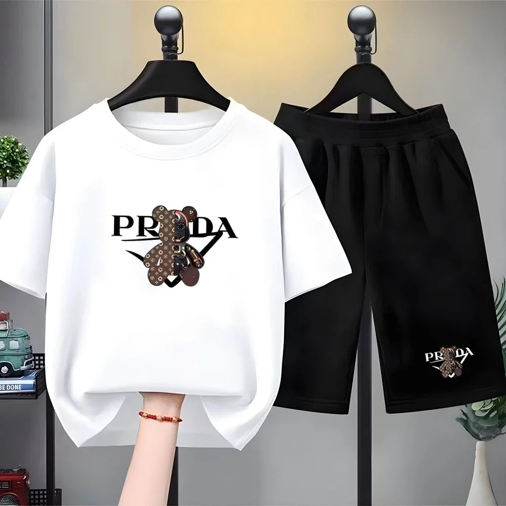Kids Little Bear Letters T-shirt Summer Clothing Short-Sleeved Top+Shorts Boy Girl 3-12Yrs Casual Set Two-Piece Black-White