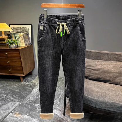 Warm Fleece Lined Elastic Waist Casual Straight Leg Men's Jeans Premium Quality Autumn Winter Thickened Stretch Denim Pants