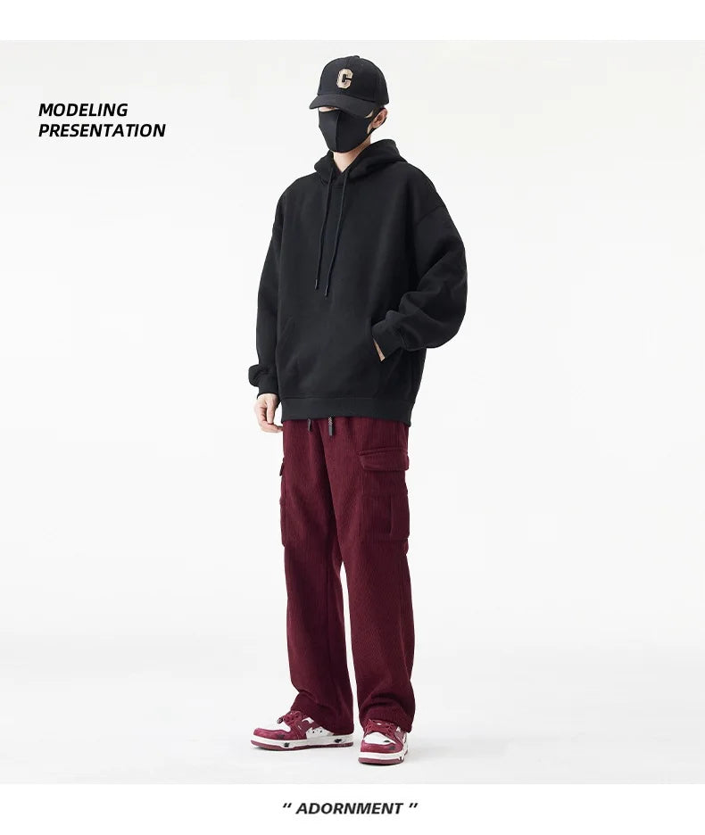 2026 New in Winter Corduroy Pants Men Straight Wide Leg Cargo Trouser Male Elastic Waist Loose Fit Thick Brown Warm Fleece Plush