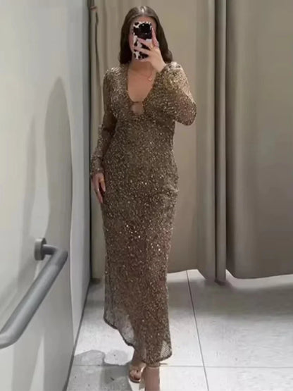 Sexy Sequined Long Pleated Dress Women Deep V-neck Full Sleeve See Through Dresses 2026 Summer Lady Party Evening Dresses ﻿