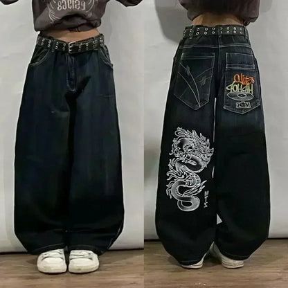 American Street Trend Letter Embroidered Loose Jeans Men Harajuku Y2K New Hip Hop Oversized Wide-leg Pants Unisex Mopping Jeans