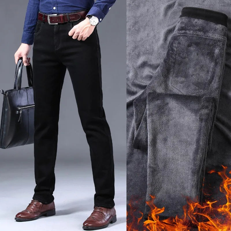 2025 New Business Casual Trousers Grey Fleece Men Clothes Black Blue Elasticity Warm Winter Jeans Velvet Jeans 28-40