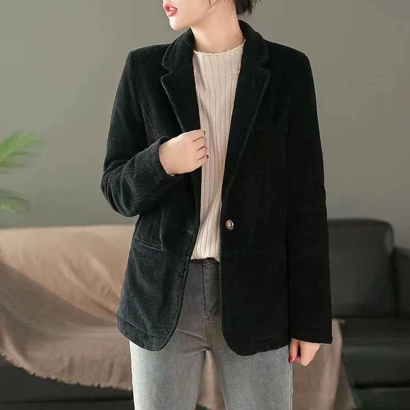 Female Loose Casual Office Ladies Spring Autumn Blazer Jacket Women Korean Long Sleeve Corduroy Suit Coat