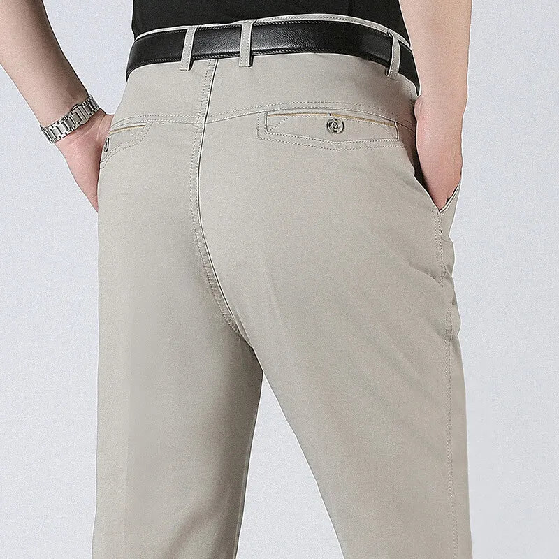 Spring Summer Mens Suit Pants Pure Cotton Business Casual Loose Straight Trousers Khaki Beige Black Formal Dress Pants