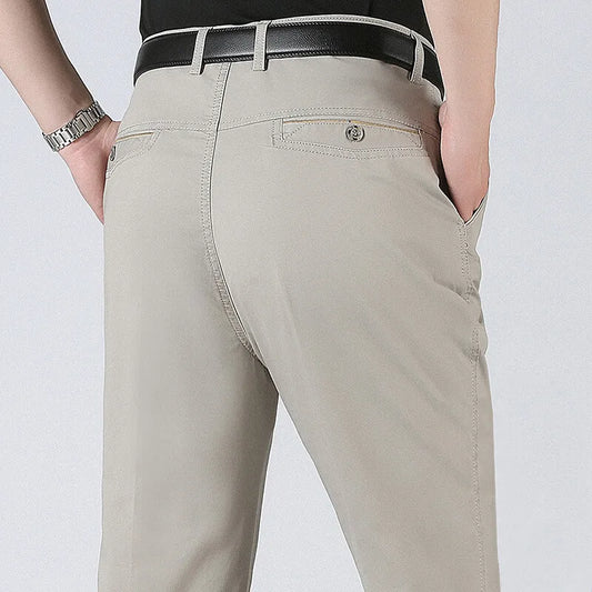 Spring Summer Mens Suit Pants Pure Cotton Business Casual Loose Straight Trousers Khaki Beige Black Formal Dress Pants