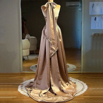 Gorgeous Halter Sleeveless Evening Dress Exquisite Beaded A-Line Floor Length Stain Draped Women Customized Prom Gowns New