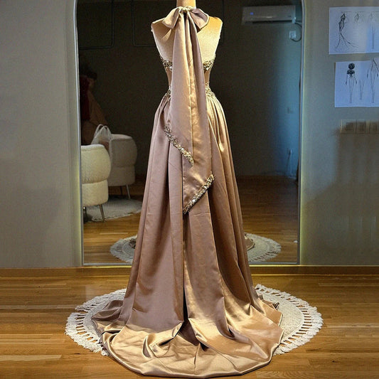 Gorgeous Halter Sleeveless Evening Dress Exquisite Beaded A-Line Floor Length Stain Draped Women Customized Prom Gowns New