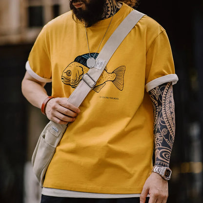 Vintage Flocked Print Short-sleeved T-shirts Animal Pattern Cotton Round Neck Tops for Men's Summer Casual Loose Fit Tee