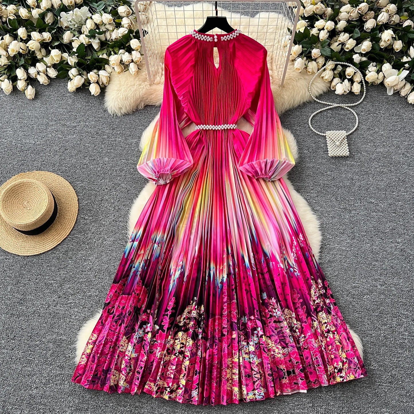 Ele High-End Women's Dr Faionable Beaded round Ne Hollow out Pleated Lantern Sve Waist Cinched Floral Print Lon...