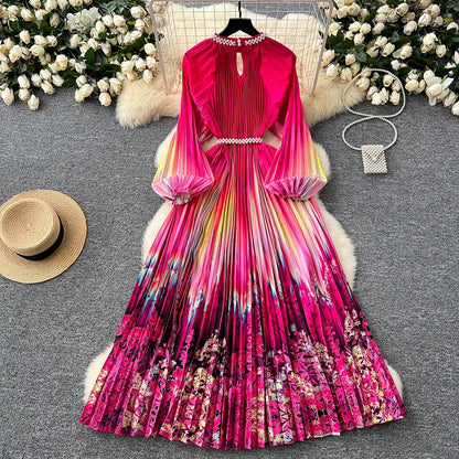 Ele High-End Women's Dr Faionable Beaded round Ne Hollow out Pleated Lantern Sve Waist Cinched Floral Print Lon...