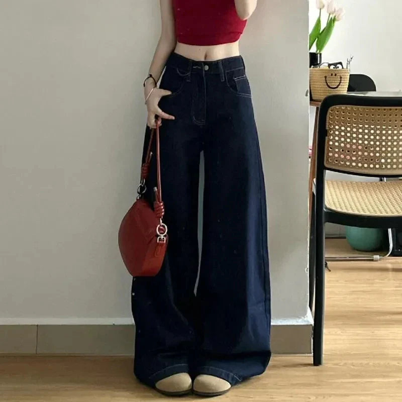 Deep Blue Wide Leg Straight Cut Jeans Women's Loose Fitting Slimming Trousers High Waist Long Pants Autumn Faion Trend