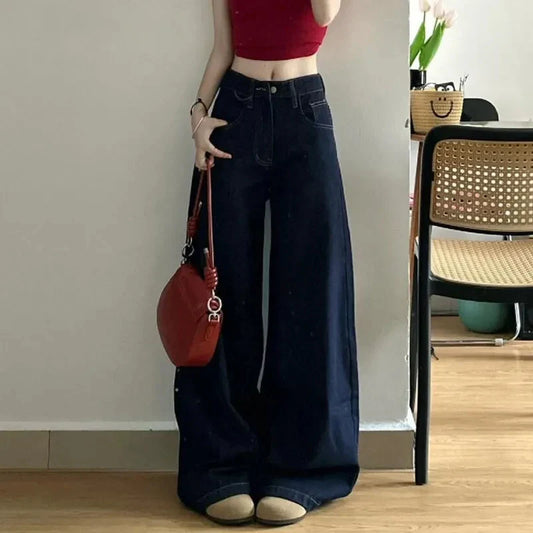 Deep Blue Wide Leg Straight Cut Jeans Women's Loose Fitting Slimming Trousers High Waist Long Pants Autumn Faion Trend