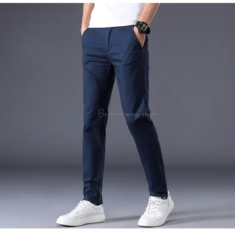 Summer Thin Men's Casual Pants Cotton 7 Colors Classic Style Elastic Straight Slim Fit Business Fashion Long Trousers Male