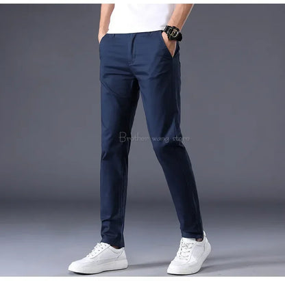 Summer Thin Men's Casual Pants Cotton 7 Colors Classic Style Elastic Straight Slim Fit Business Fashion Long Trousers Male